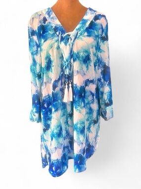 Apana Resort Tie-Front Blue Watercolor Tunic Swim Coverup